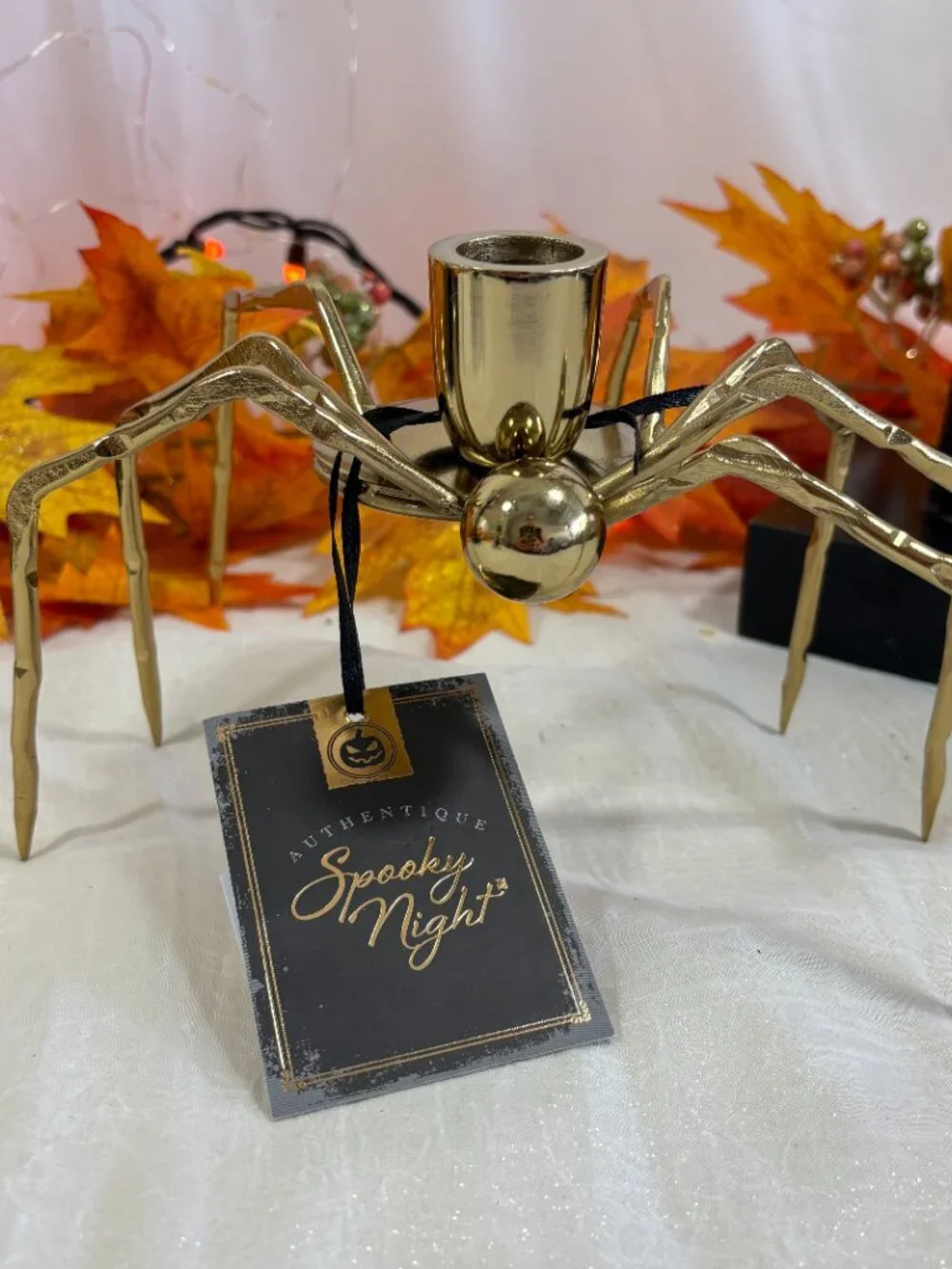 Spooky Nights Gold Metal LG Halloween Creepy Spider Taper Holder Set of 2 New